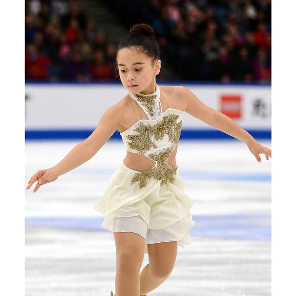 Custom Girls 14 Ice Skating costume gold glitter floral halter dance competition - Picture 16 of 16